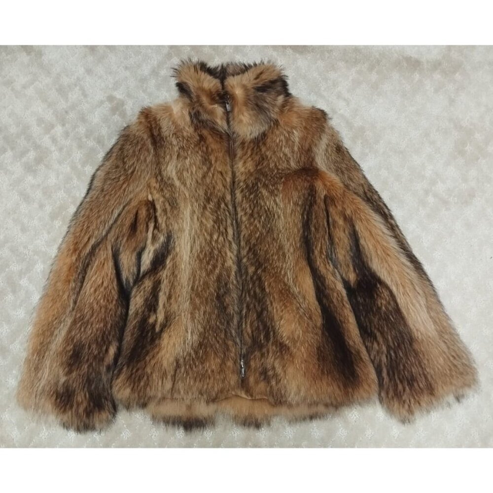 Erton Real Fur Jacket EU 42 Raccoon Canadian Marmot Leather Double Slider Zip